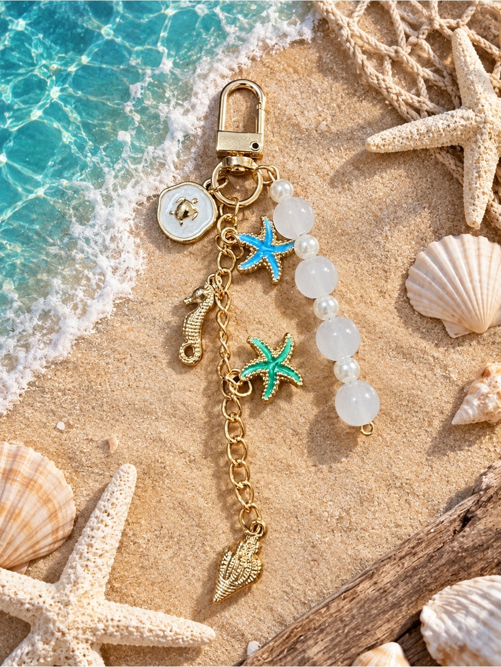 Sea Star Gold Charm Keychain with Turquoise Accents